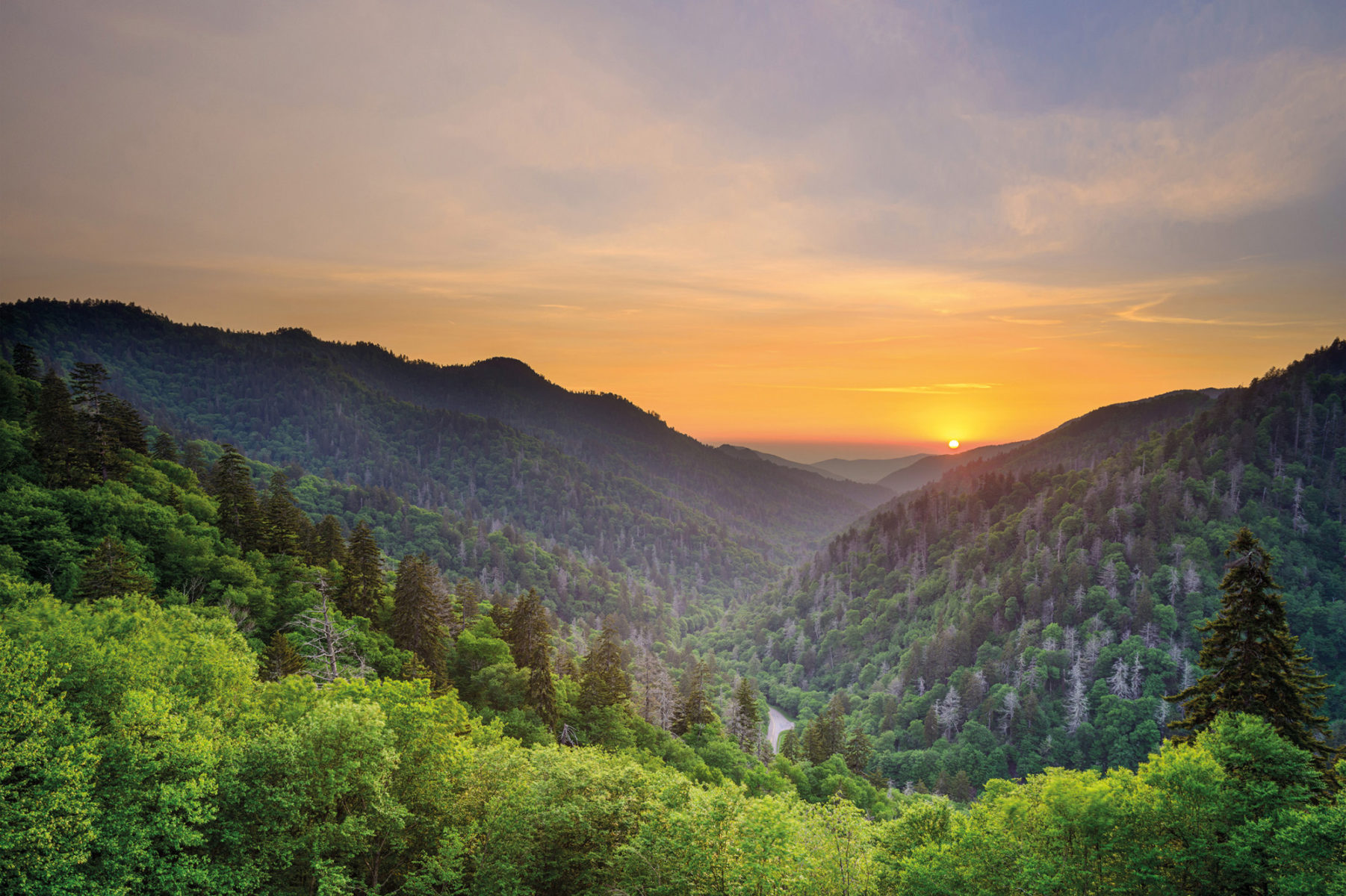 Il tramonto da Newfound Gap nel Great Smoky Mountains National Park